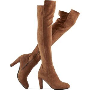 Women Dark Brown Faux Suede Chunky Heel Stretch Over The Knee Thigh High Boot